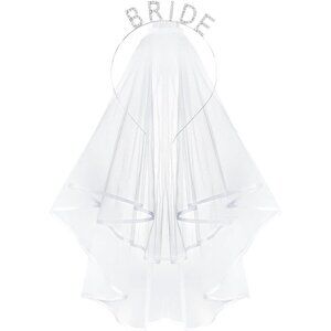 🆕Women White Rhinestone Bride Headband with Veil Sturdy Metal Comb Accessory